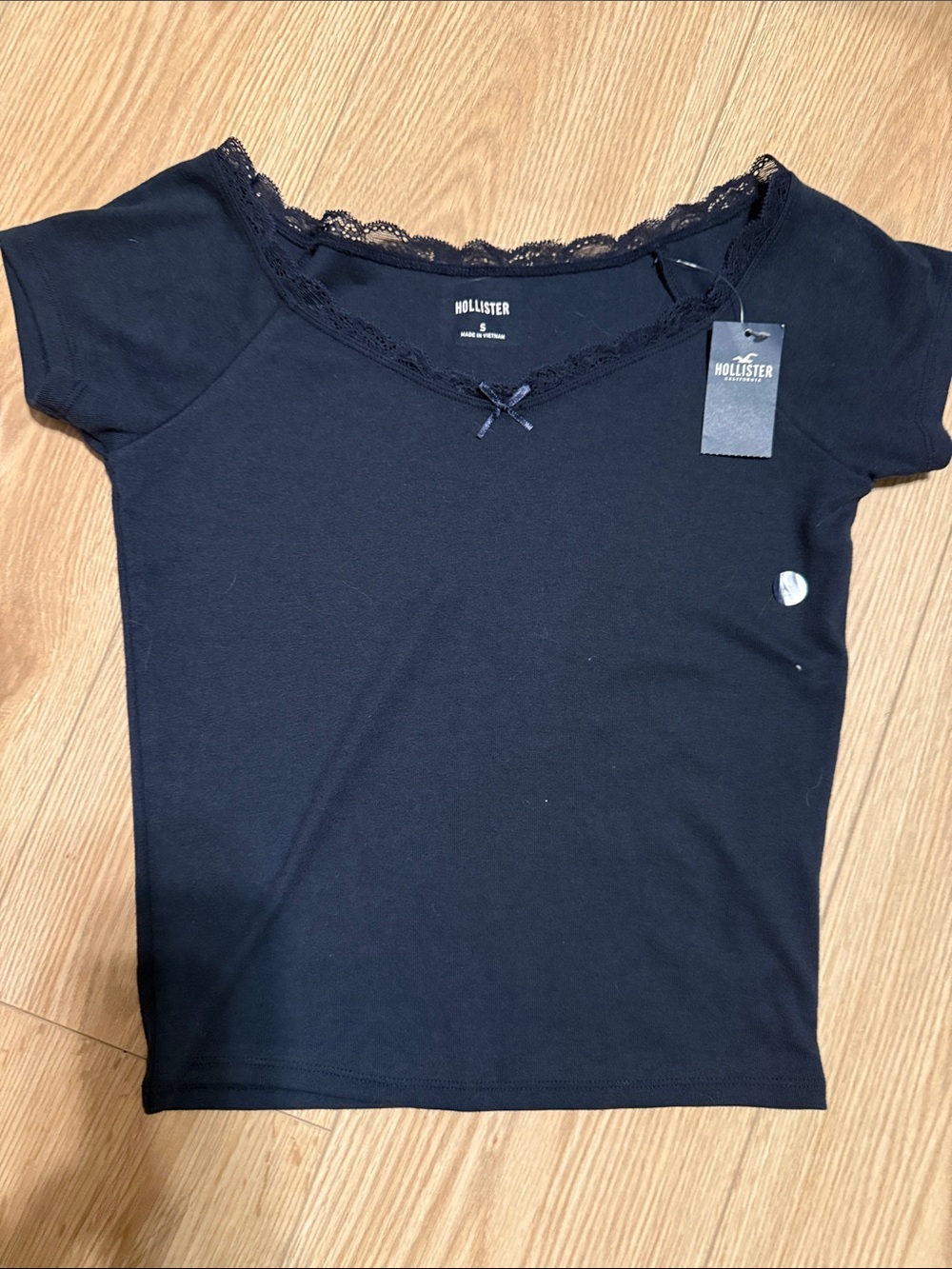 Hollister Navy Scoop Neck Tee with Lace Trim